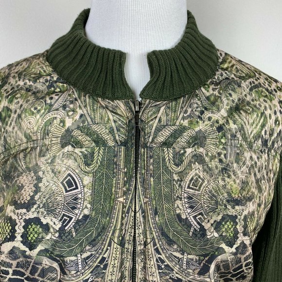 One World Sweater Jacket XL Full Zip Ribbed Knit Printed Green Long Sleeve - Picture 8 of 12